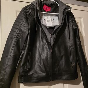 GUESS Men's Black Faux Leather Hooded Jacket